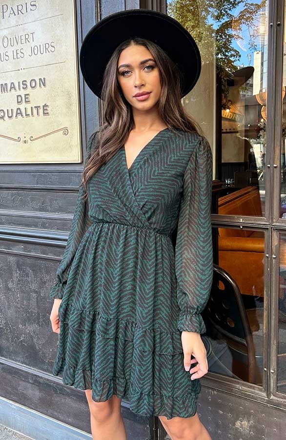 Exclusive Print V-Hals Dress Emerald – shoparchief