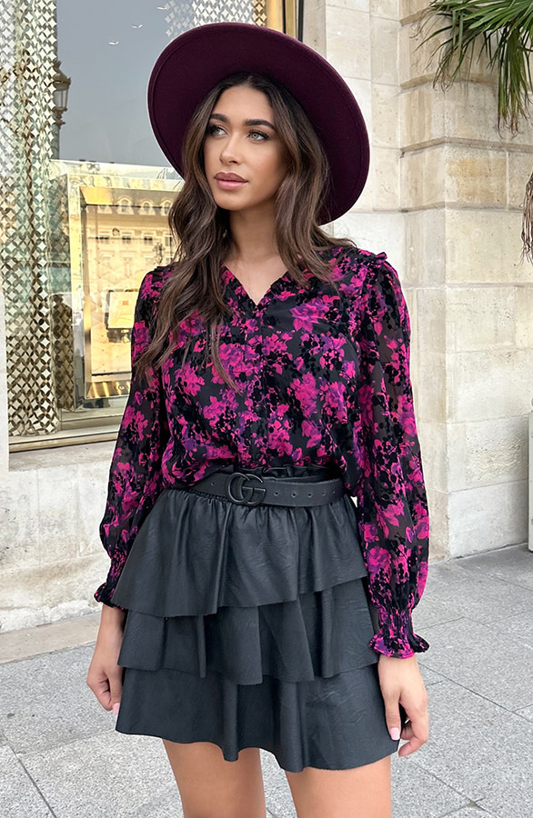 Flock V-Ausschnitt Bluse mit Puffärmeln Schwarz, Shoparchiv
