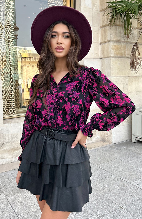 Flock V-Ausschnitt Bluse mit Puffärmeln Schwarz, Shoparchiv, Foto 5
