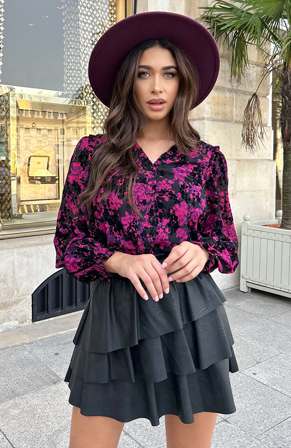 Flock V-Ausschnitt Bluse mit Puffärmeln Schwarz, Shoparchiv, Foto 3