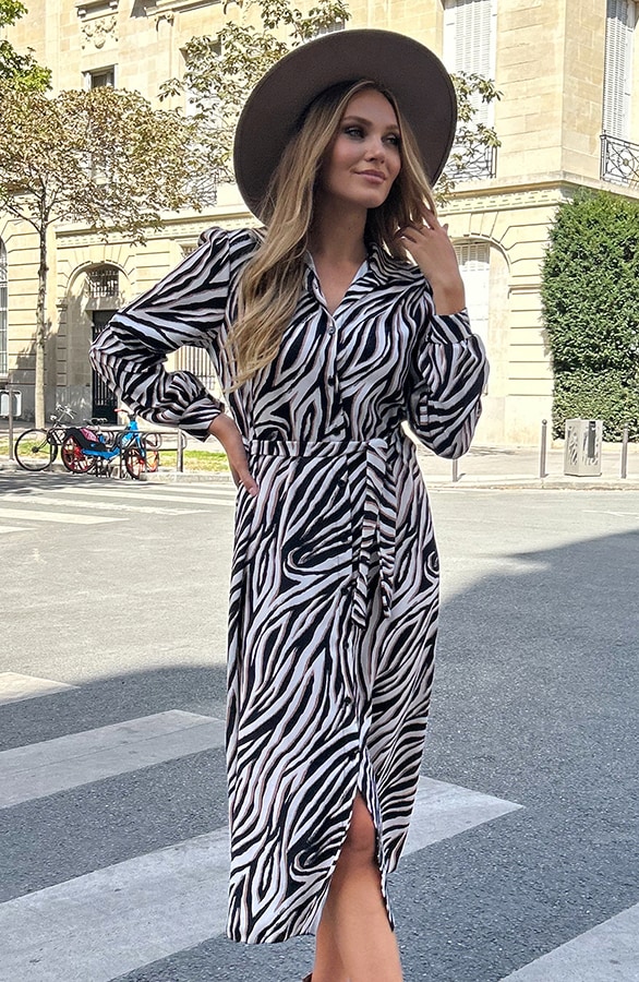 Knopen Jurk Midi met Zebraprint – shoparchief