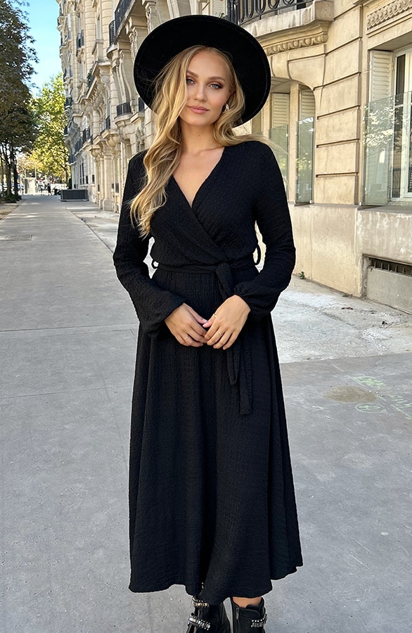 Maxi Jurk Smocked V-hals Zwart – shoparchief, foto 7