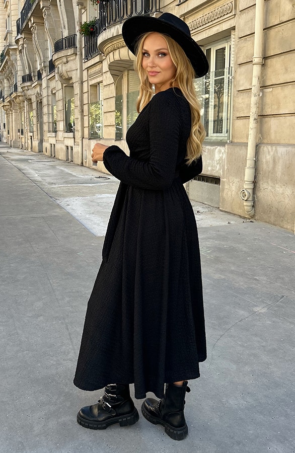 Maxi Jurk Smocked V-hals Zwart – shoparchief, foto 4
