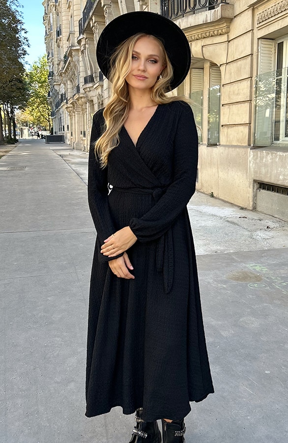 Maxi Jurk Smocked V-hals Zwart – shoparchief, foto 5