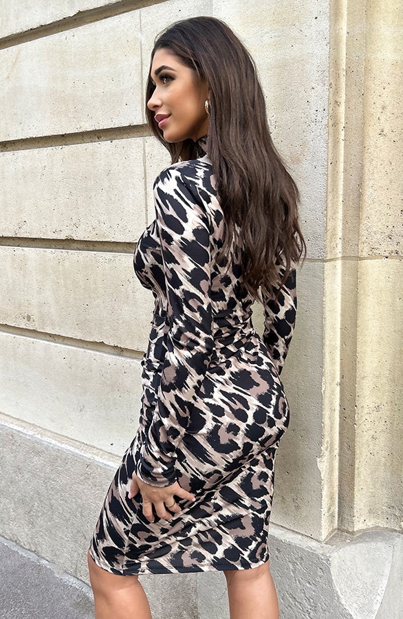 Midi Jurk Gedrapeerd Leopard Beige – shoparchief, foto 9