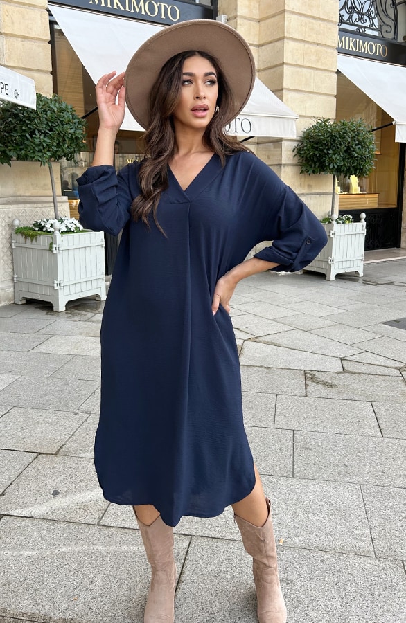 Palermo Pocket Jurk Long Sleeve Navy – shoparchief, foto 4