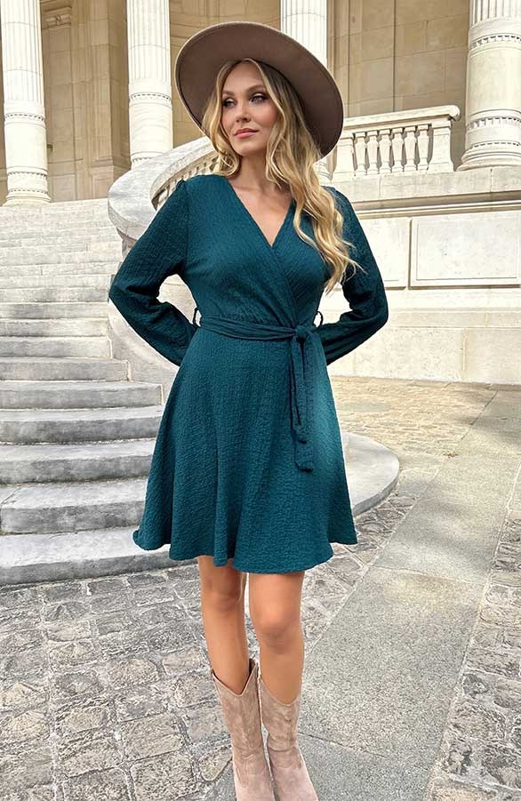 Smocked Jurk V-Hals Smaragd – shoparchief
