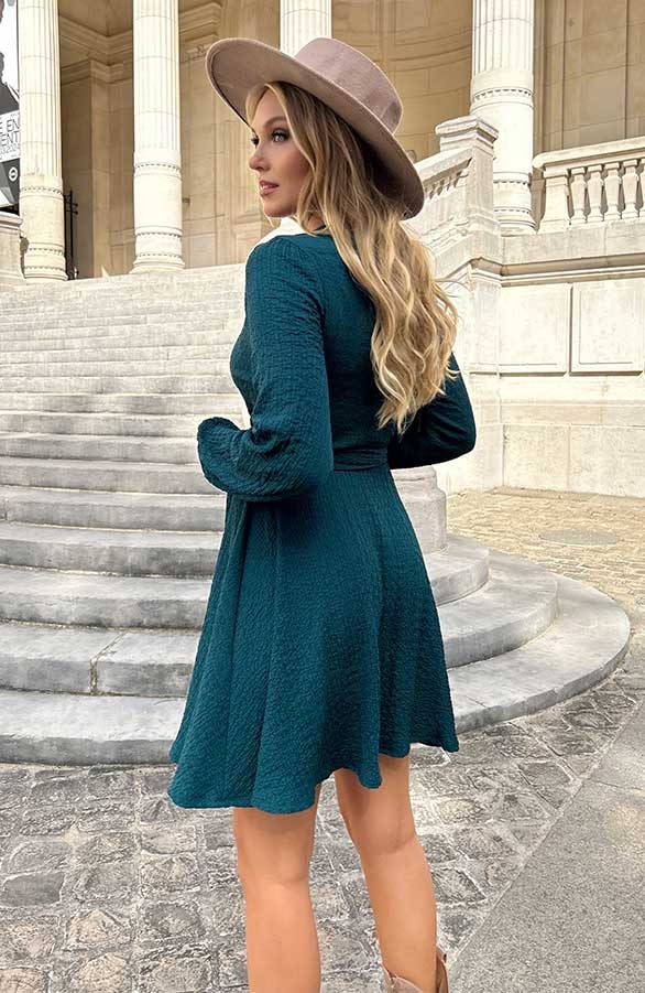 Smocked Jurk V-Hals Smaragd – shoparchief, foto 3