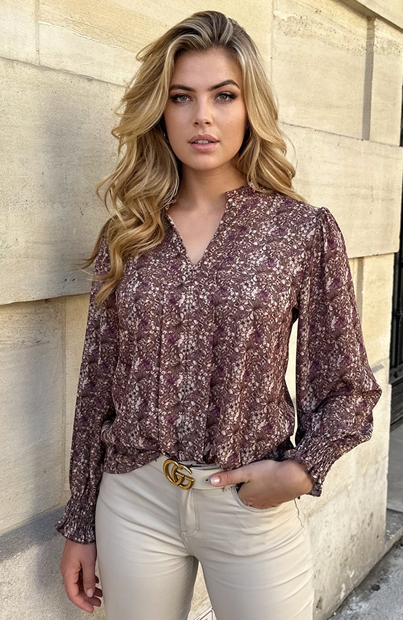 V-Hals Blouse Met Bloemenprint Taupe – shoparchief, foto 5