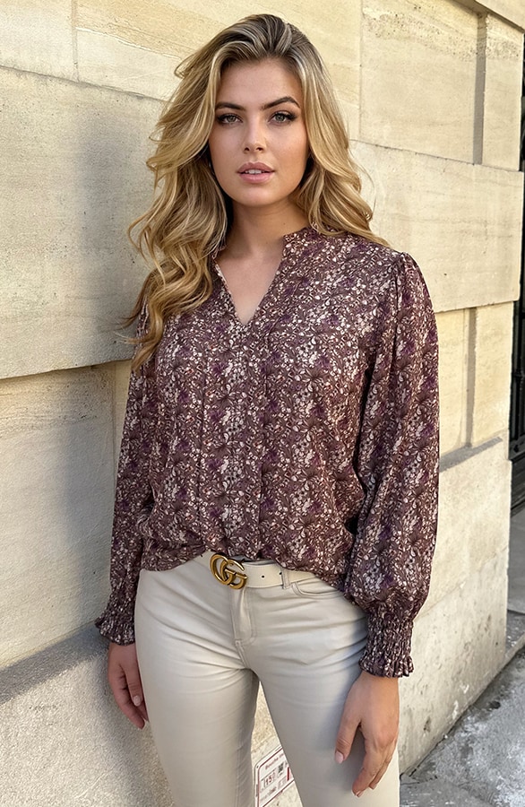 V-Hals Blouse Met Bloemenprint Taupe – shoparchief, foto 4