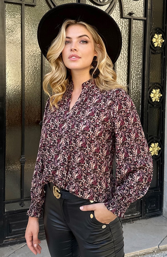 V-Ausschnitt Bluse mit Blumenprint Schwarz, Shoparchiv, Foto 3