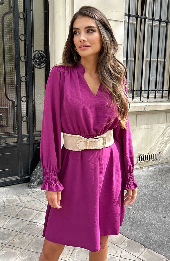 V-hals Jurk Met Schouderdetail Magenta – shoparchief