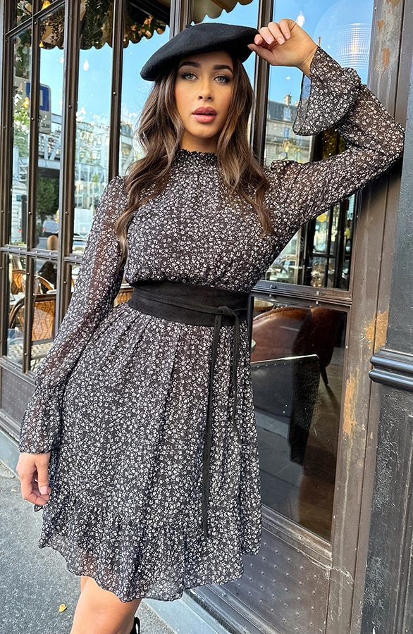 Flower Jurk Flared Mouw Zwart – shoparchief, foto 6
