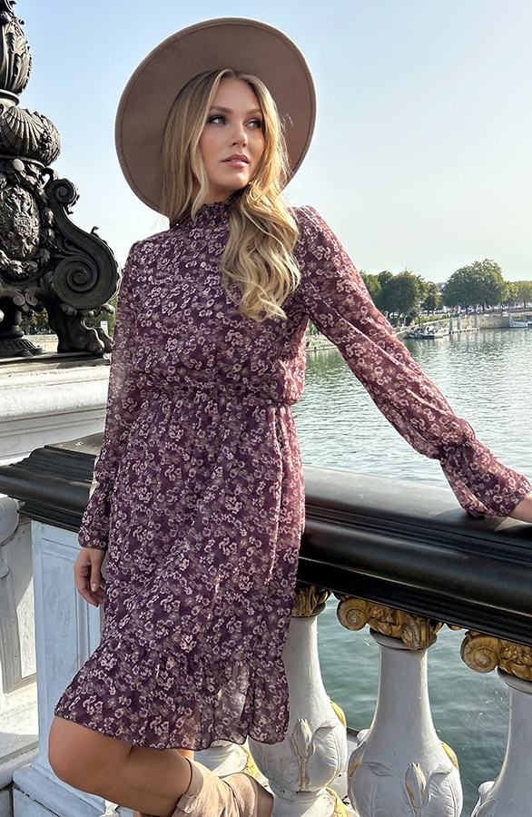 Flower Jurk Flared Mouw Mauve – shoparchief, foto 3