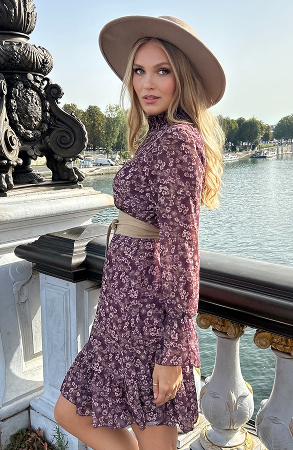 Flower Jurk Flared Mouw Mauve – shoparchief, foto 5