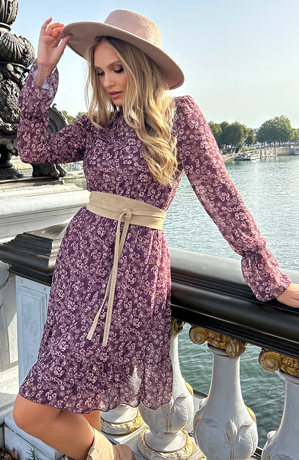 Flower Jurk Flared Mouw Mauve – shoparchief, foto 6