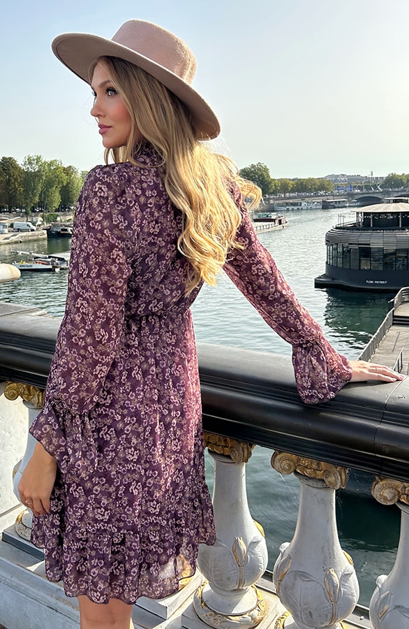 Flower Jurk Flared Mouw Mauve – shoparchief, foto 9