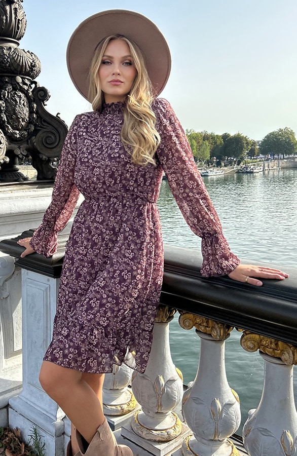 Flower Jurk Flared Mouw Mauve – shoparchief