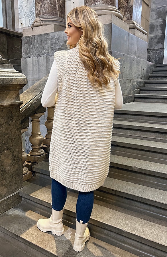 Gebreid Maxi Gilet Beige – vesten, foto 4