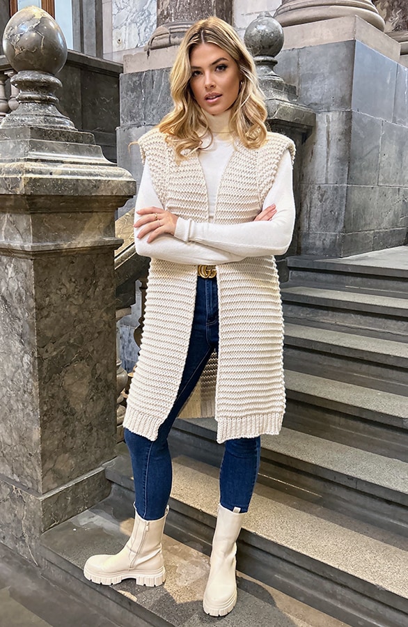 Gebreid Maxi Gilet Beige – vesten, foto 6