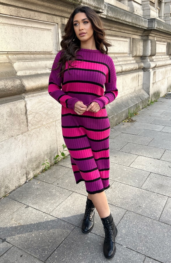 Gebreide Strepen Jurk Magenta – shoparchief