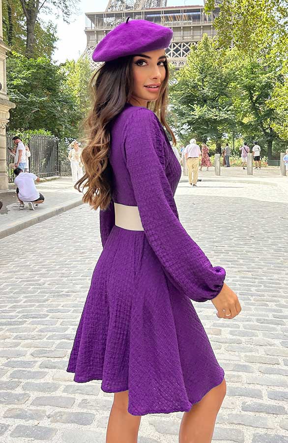 Smocked Jurk V-Hals Dark Purple – shoparchief, foto 3