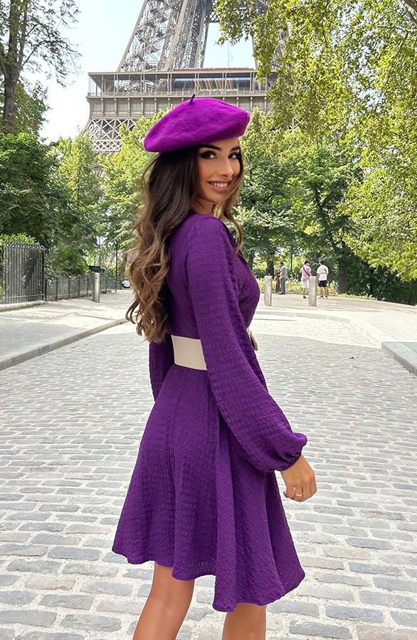 Smocked Jurk V-Hals Dark Purple – shoparchief, foto 7