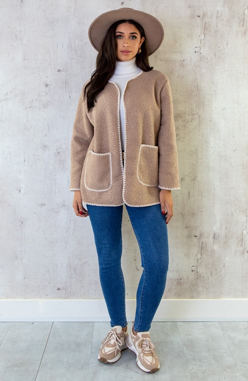 Bouclé Teddy Vest Detail Taupe – shoparchief, foto 4