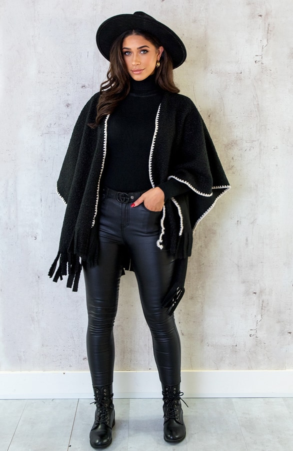 Bouclé Poncho Fringes Zwart – shoparchief, foto 4