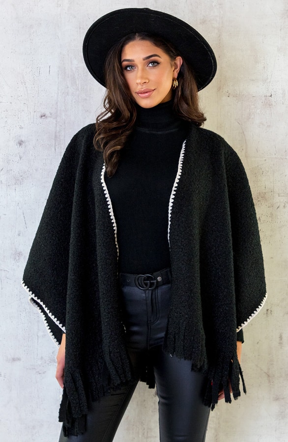 Bouclé Poncho Fringes Zwart – shoparchief, foto 2