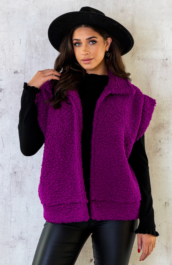 Teddy Gilet Oversized Dark Magenta – shoparchief, foto 4