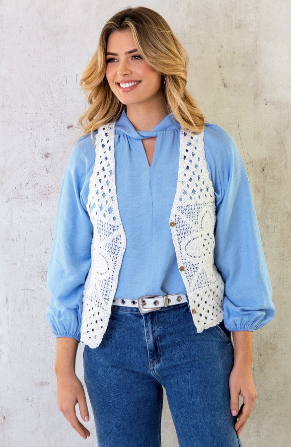 Boho Gehaakt Detailed Gilet Off White – shoparchief, foto 7