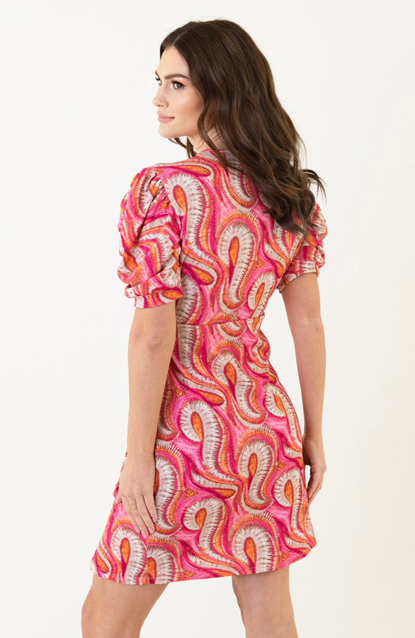 Gedrapeerde Print Jurk Met Pofmouwen Roze – shoparchief, foto 2