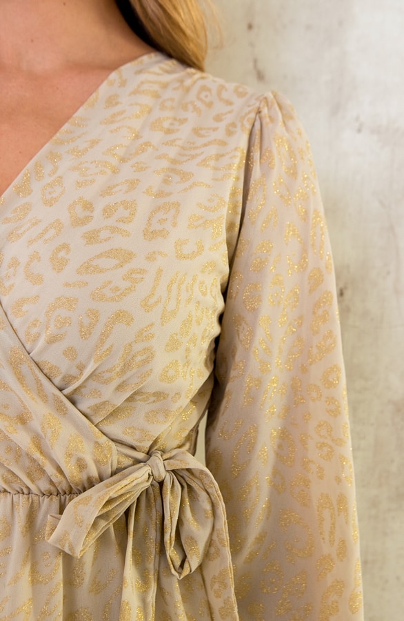 Luxury V-Hals Jurk Leopard Beige Goud – shoparchief, foto 7
