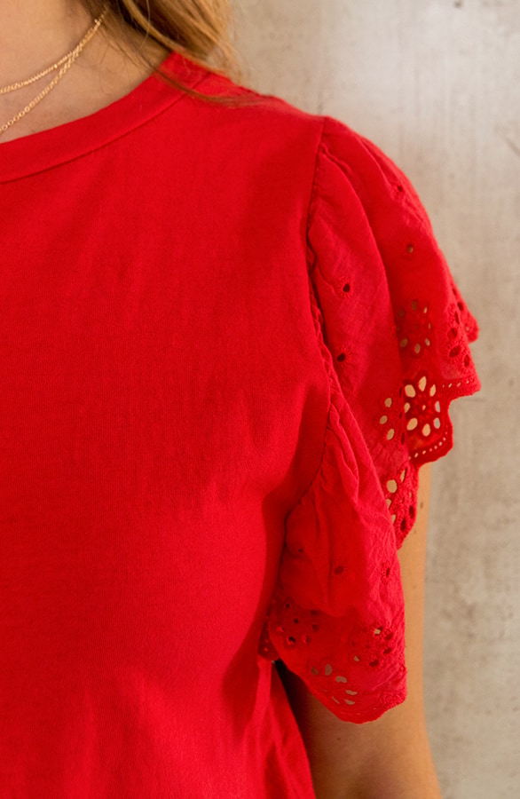 Ruffle Embroidery Top Rood – shoparchief, foto 9