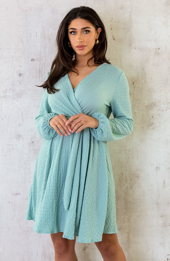 Smocked Jurk V-hals Mint – shoparchief, foto 7