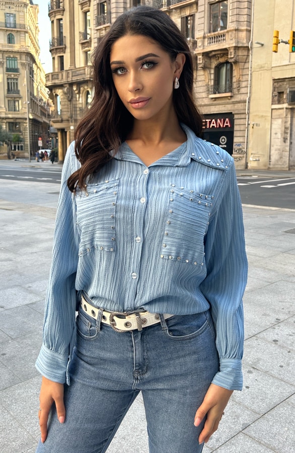 Studs Pocket Blouse Baby Blue – shoparchief