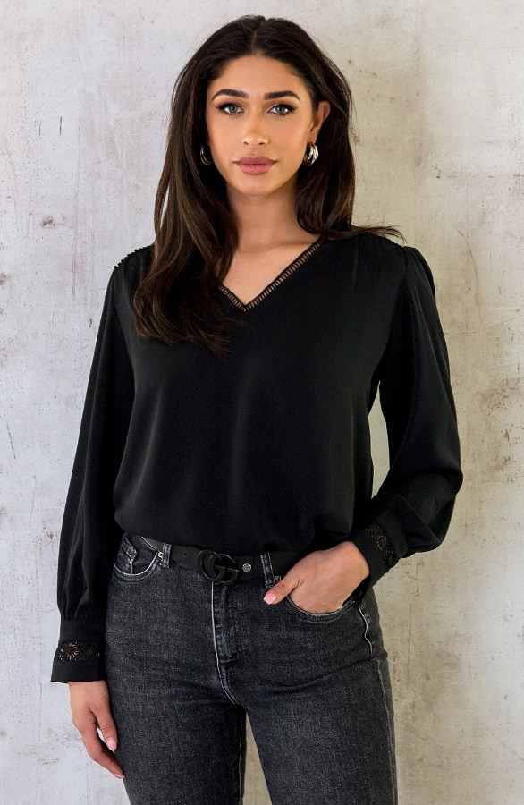 V-Hals Blouse Met Kanten Rug Zwart – shoparchief, foto 7
