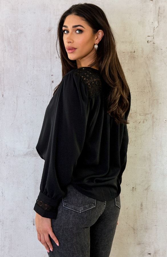 V-Hals Blouse Met Kanten Rug Zwart – shoparchief, foto 8