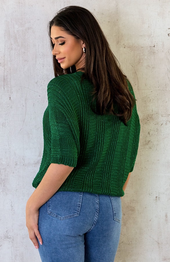V-Hals Gehaakte Lurex Trui Dark Green – shoparchief, foto 8
