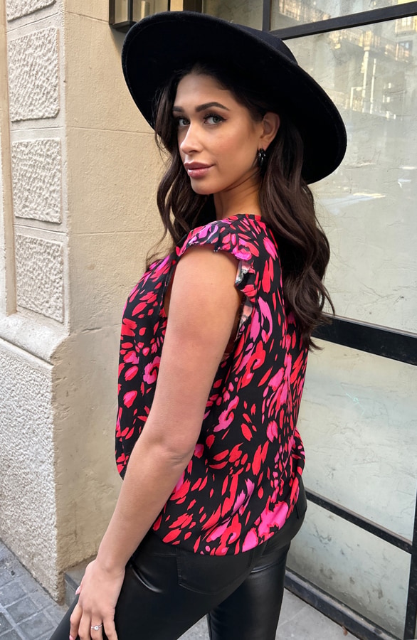 V-hals Roze Zwart Ruffle Top 2.0 – shoparchief, foto 9