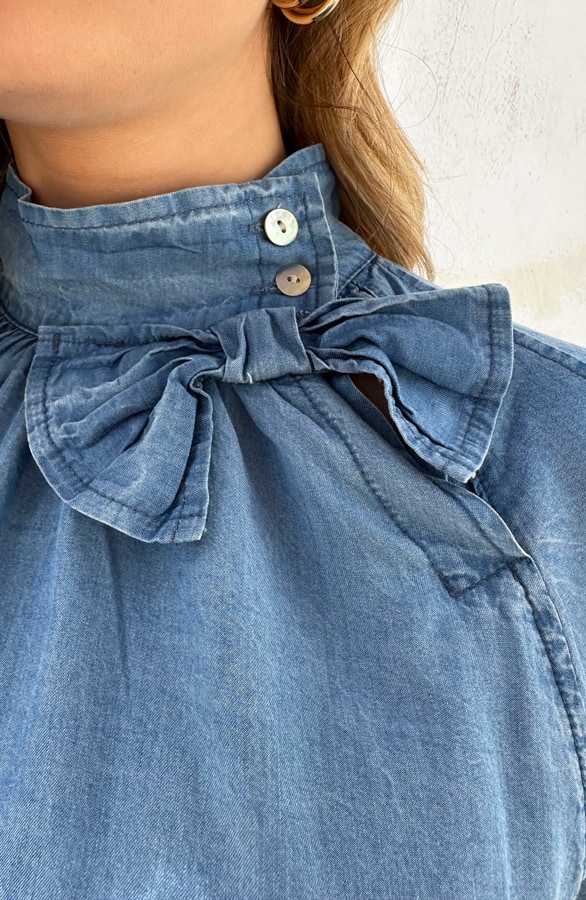 Bow Denim Bluse Puffärmel, Blusen, Foto 6