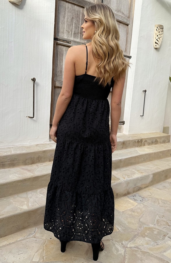 Embroidery Midi Spaghetti Jurk Zwart – shoparchief, foto 4
