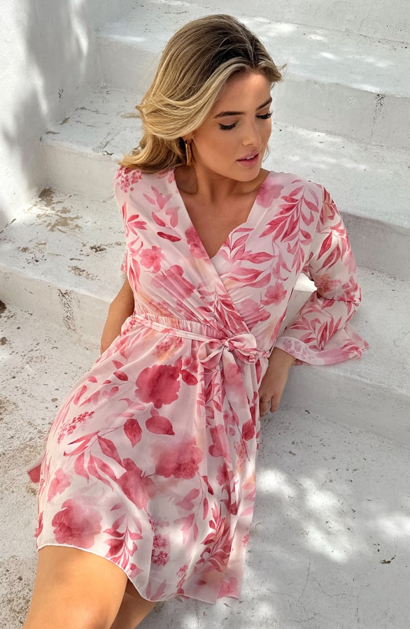 Floral Jurk Wijde Mouw Dust Roze – shoparchief