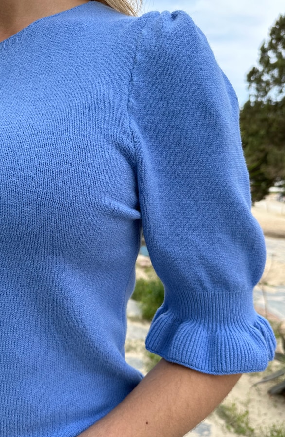Knitted Pofmouwen Ruffle Top Jeans Blue – shoparchief, foto 6