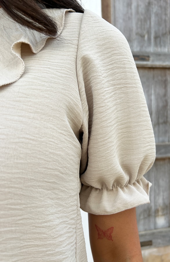 Ruches Blouse Korte Mouw Beige – shoparchief, foto 8
