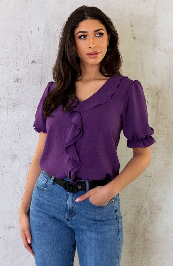 Ruches Blouse Korte Mouw Paars – shoparchief, foto 6