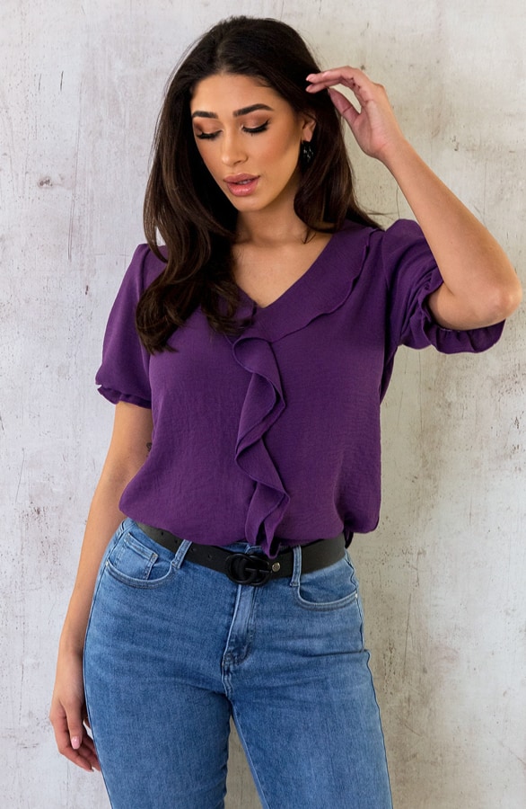 Ruches Blouse Korte Mouw Paars – shoparchief, foto 7