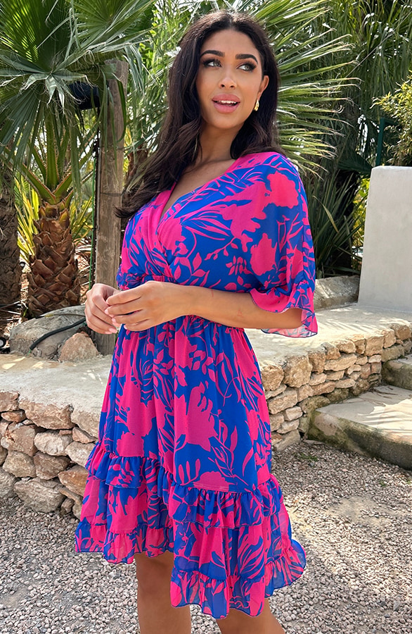 Ruffle Laagjes Jurk Print Fuchsia Kobalt – shoparchief, foto 10