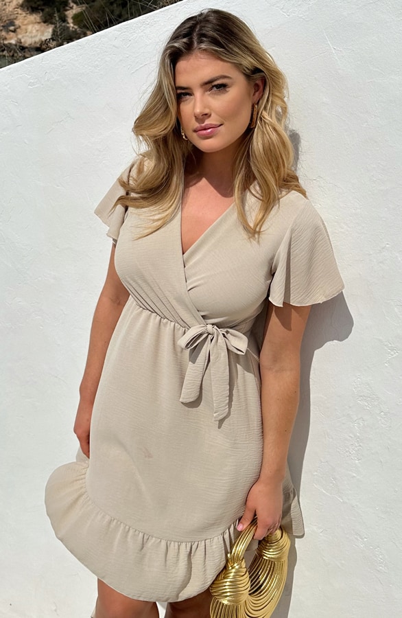 Toscane V-hals Jurk Beige – shoparchief